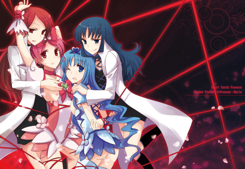 4girls blue_eyes blue_hair blue_skirt bondage clothing cure_blossom cure_blossom_mirage cure_marine cure_marine_mirage dark_persona dress dual_persona erika_kurumi eyelashes female heart heartcatch_precure! isya long_hair magical_girl mirage_precure multiple_girls multiple_persona nipples one_eye_closed panties pink_hair precure pretty_cure red_eyes red_hair selfcest stockings thighhighs torn_clothes tsubomi_hanasaki underwear wink yuri