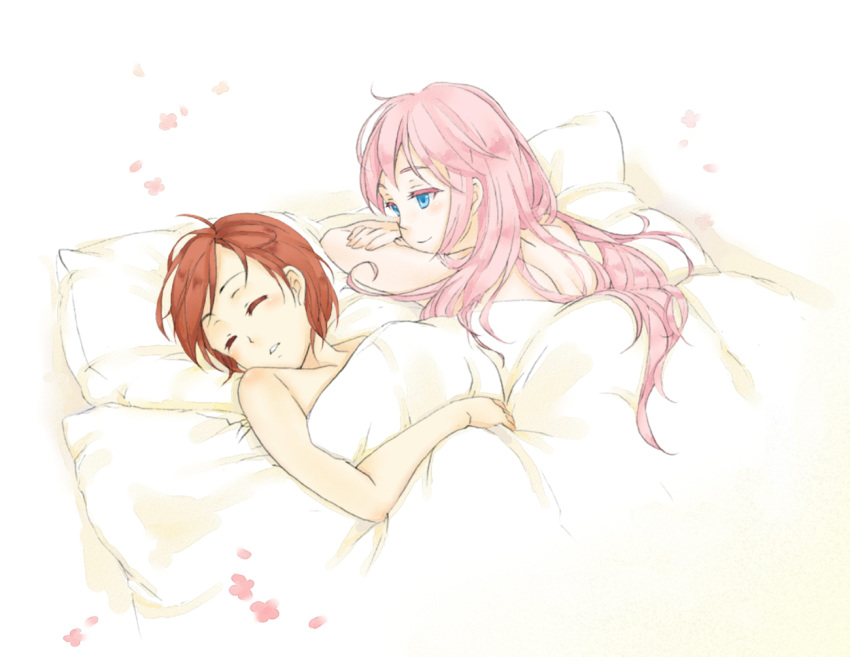 2girls after_sex afterglow bed bed_sheet blue_eyes brown_hair female megurine_luka meiko multiple_girls naked_sheet nude only_female pillow pink_hair see-through shared_blanket sleeping ssn under_covers vocaloid yuri