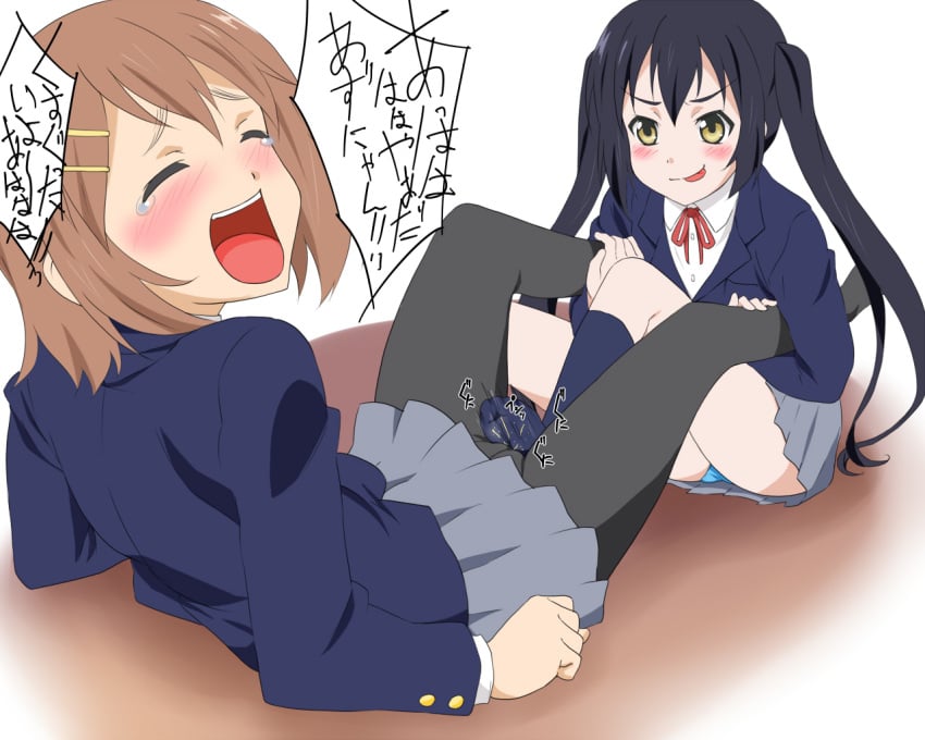 2girls :p azusa_nakano_(k-on!) black_hair blazer blue_panties blush brown_hair crotch_rub crotch_seam denki_anma feet female female_footjob female_only footjob footwear gizen_yasan hair_ornament hairclip houbunsha human human_only k-on! legs_held_open long_hair multiple_females multiple_girls open_mouth panties panties_under_pantyhose pantyhose pussy_juice pussy_juice_on_feet school_uniform short_hair skirt socks tears text tickle_torture tickling toes tongue tongue_out translated translation_request underwear yui_hirasawa_(k-on!) yuri