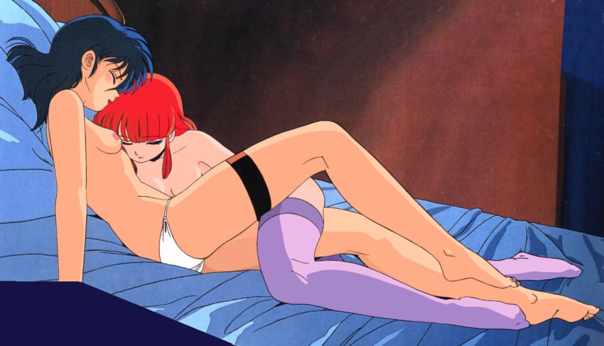 2girls 80s artist_request bed blue_hair closed_eyes cream_lemon female garters mai_(cream_lemon) moaning multiple_girls official_art oldschool open_mouth panties pop_chaser purple_legwear purple_thighhighs red_hair rio_(cream_lemon) small_breasts thighhighs topless underwear underwear_only white_panties yuri