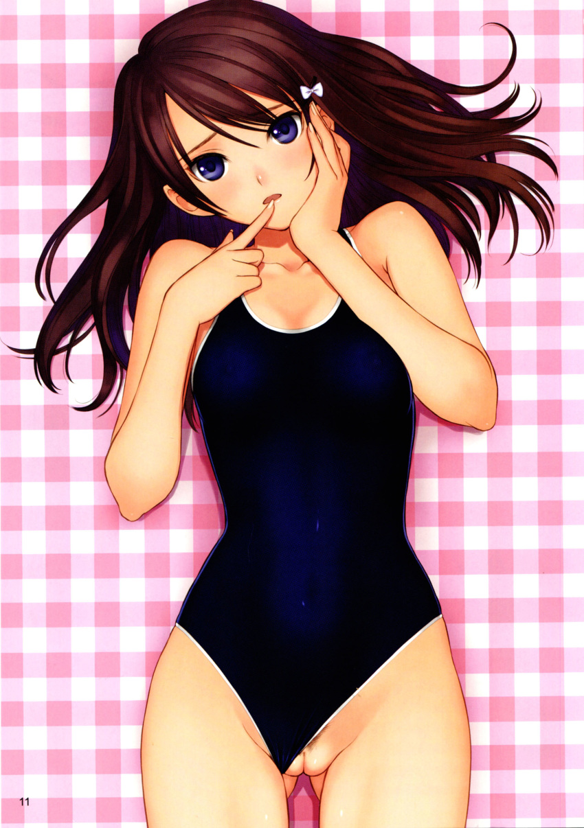 absurdres blue_eyes bow brown_hair copyright_request female finger_to_mouth hairbow highres one-piece_swimsuit pubic_hair pussy solo swimsuit swimsuit_aside taka_tony uncensored