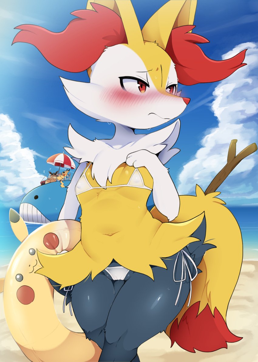 2023 ambiguous_gender anthro beach blush braixen breasts clothing dagasi digital_media_(artwork) eevee eyewear female fur generation_1_pokemon generation_3_pokemon generation_6_pokemon group hi_res mammal nintendo outside pikachu pokemon pokemon_(species) seaside small_breasts solo_focus sunglasses wailmer young young_anthro young_female