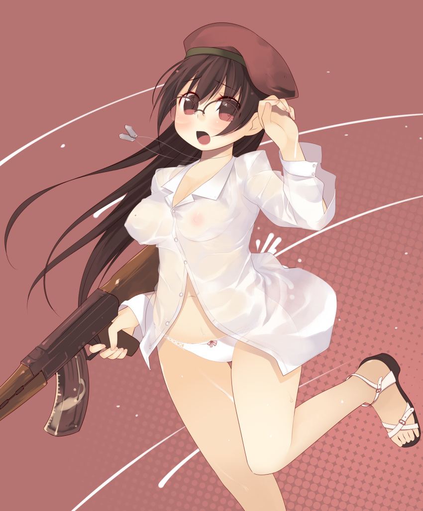 1girls arima_senne bare_legs blush bottomless breasts brown_hair bukkake cum female female_only glasses gun hat highres human kashiwamochi_yomogi legs long_hair mole mole_on_breast no_bra no_pants original panties red_eyes rifle sandals see-through shirt solo toes underwear water_gun weapon wet white_panties