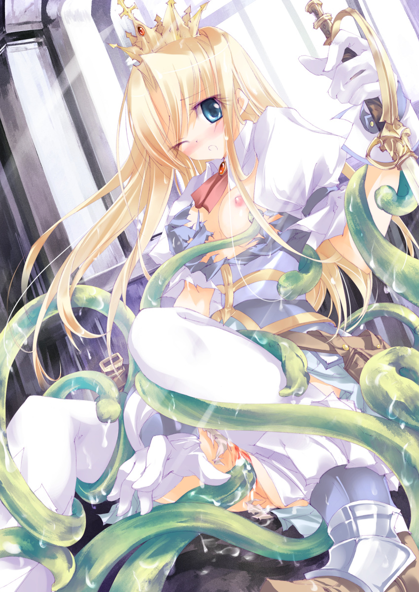 arch belt blonde_hair blood blue_eyes blush breasts crown cum cum_drip cumdrip female gloves hat highres long_hair monster nipples no_bra no_panties open_clothes open_mouth open_shirt penis pouch princess pussy rape sex shirt small_breasts sword tentacle thighhighs torn_clothes uncensored utility_belt virgin weapon wet wince window yudesoba