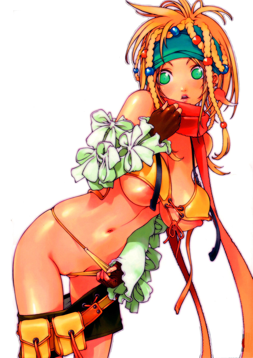 absurdres al_bhed_eyes bikini bikini_pull blonde_hair braid breasts female female_only final_fantasy final_fantasy_x final_fantasy_x-2 fingerless_gloves front-tie_top gloves green_eyes hands headband highres human kotobuki_tsukasa leaning_forward lips long_hair nagoya_shachihachi nipple_slip nipples nude panties panty_pull pussy rikku scarf skirt skirt_pull solo swimsuit uncensored underboob underwear wedgie