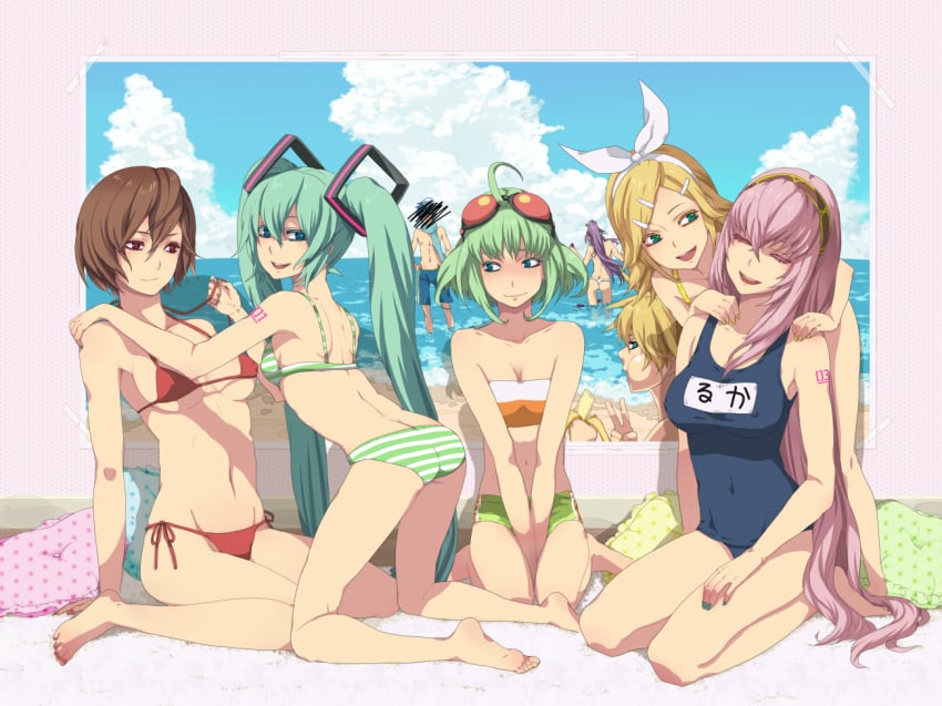 5girls ahoge banana barefoot beach between_thighs bikini colored_eyelashes eyelashes feet female food fruit fundoshi gakupo_kamui hatsune_miku kagamine_len kagamine_rin kaito_(vocaloid) kneeling male_with_painted_nails megpoid_gumi megurine_luka meiko micro_bikini multiple_boys multiple_girls nail_polish nayu one-piece_swimsuit panties photo_(object) pillow school_swimsuit seiza side-tie_bikini sitting soles striped_bikini swimsuit thighs tied_hair toenail_polish twintails underwear v v_arms vocaloid wariza yuri