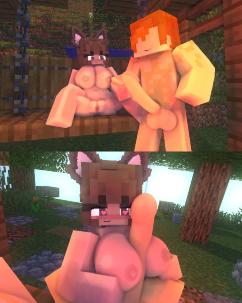 1boy 1girls 3d big_penis breasts brown_eyes brown_hair cat_ears cat_humanoid cat_tail catgirl comic erect_nipples erect_penis female horny_female kaneefox lola_(kaneefox) looking_at_partner looking_at_penis male masturbation mine-imator minecraft nude_female nude_male outside paizuri penis spread_legs tagme wet_pussy