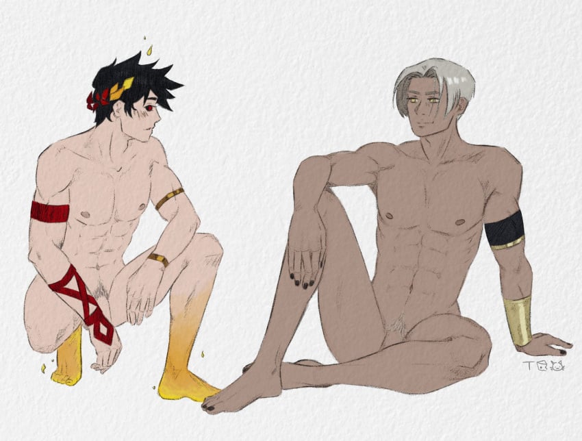 gay hades_(game) laurel_crown male_only no_sex nude_male penis silver_hair smile thanatos_(hades) tinacheesecat undercut yaoi zagreus