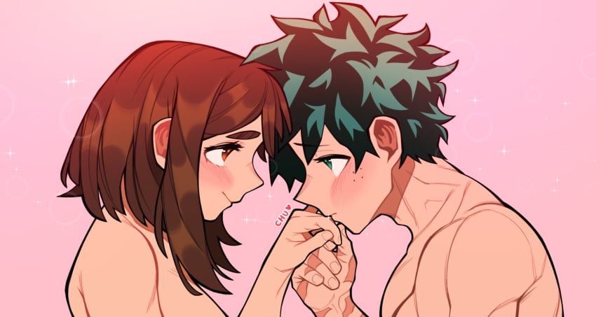 blush brown_hair canon_couple couple deku eye_contact green_hair intimate izuku_midoriya kissing_hand looking_at_another loopvoid midoriya_izuku ochako_uraraka romantic romantic_couple scar uraraka_ochako uravity wholesome