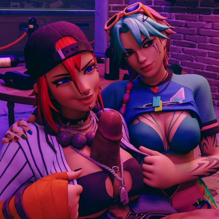 1boy 2girls 3d 3d_(artwork) big_breasts big_penis dark-skinned_male dusty_(fortnite) fortnite light-skinned_female macklesternsfw paizuri penis pink_hair red_hair selene_(fortnite) shirt_lift titfuck titjob