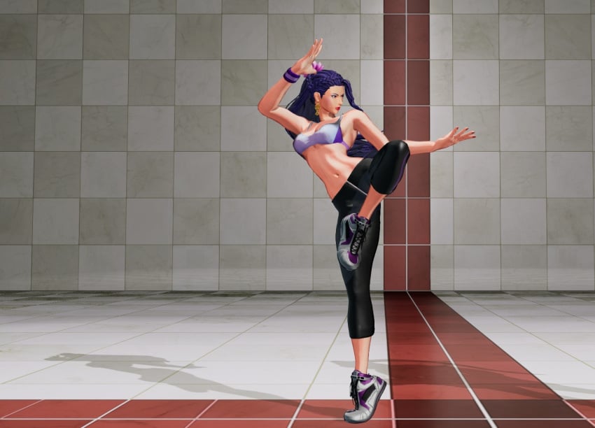 1girls athletic athletic_female big_breasts braid busty earrings female fit_female flexible flower flower_in_hair king_of_fighters light-skinned_female light_skin long_hair long_legs lotus luong_(kof) one_leg_up purple_eyes purple_hair shoes tall tall_female tank_top thick_thighs thighs thin_waist tied_hair underboob voluptuous_female yoga_pants