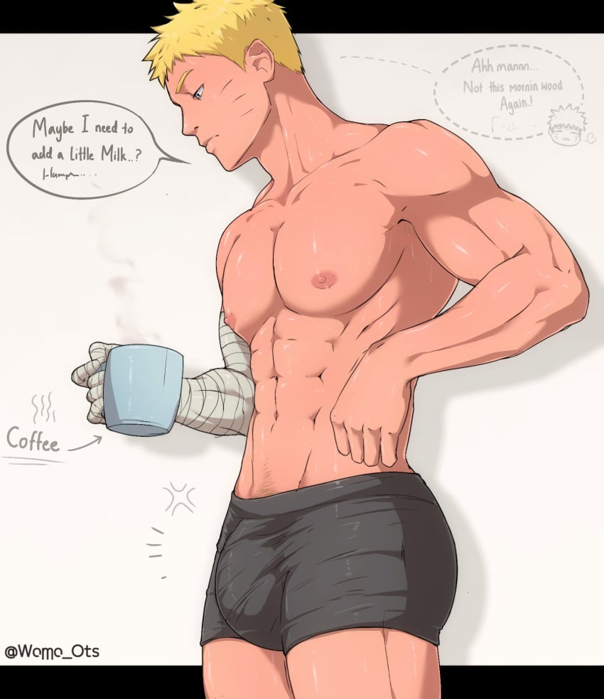 1boy abs bara bare_pectorals blonde_hair blue_eyes boxers_(clothing) gay male male_focus male_only naruto naruto_(series) naruto_shippuden nipples nude solo uzumaki_naruto womo_ots yaoi