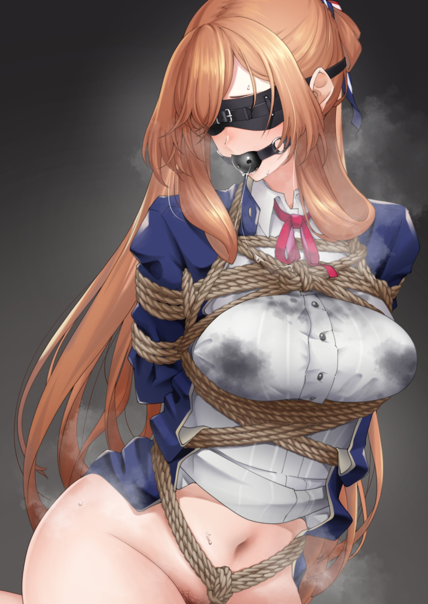 arms_behind_back ball_gag black_blindfold blindfold blue_jacket bondage bondage bondage bottomless bound breasts brown_hair collared_shirt female female_pubic_hair gag gagged girls'_frontline hair_rings highres implied_lactation jacket large_breasts long_hair nakiusagi navel neck_ribbon open_clothes open_jacket pubic_hair red_ribbon ribbon rope saliva saliva_trail shirt solo springfield_(girls'_frontline) steaming_body sweat turning_head upper_body wet wet_clothes wet_shirt white_shirt