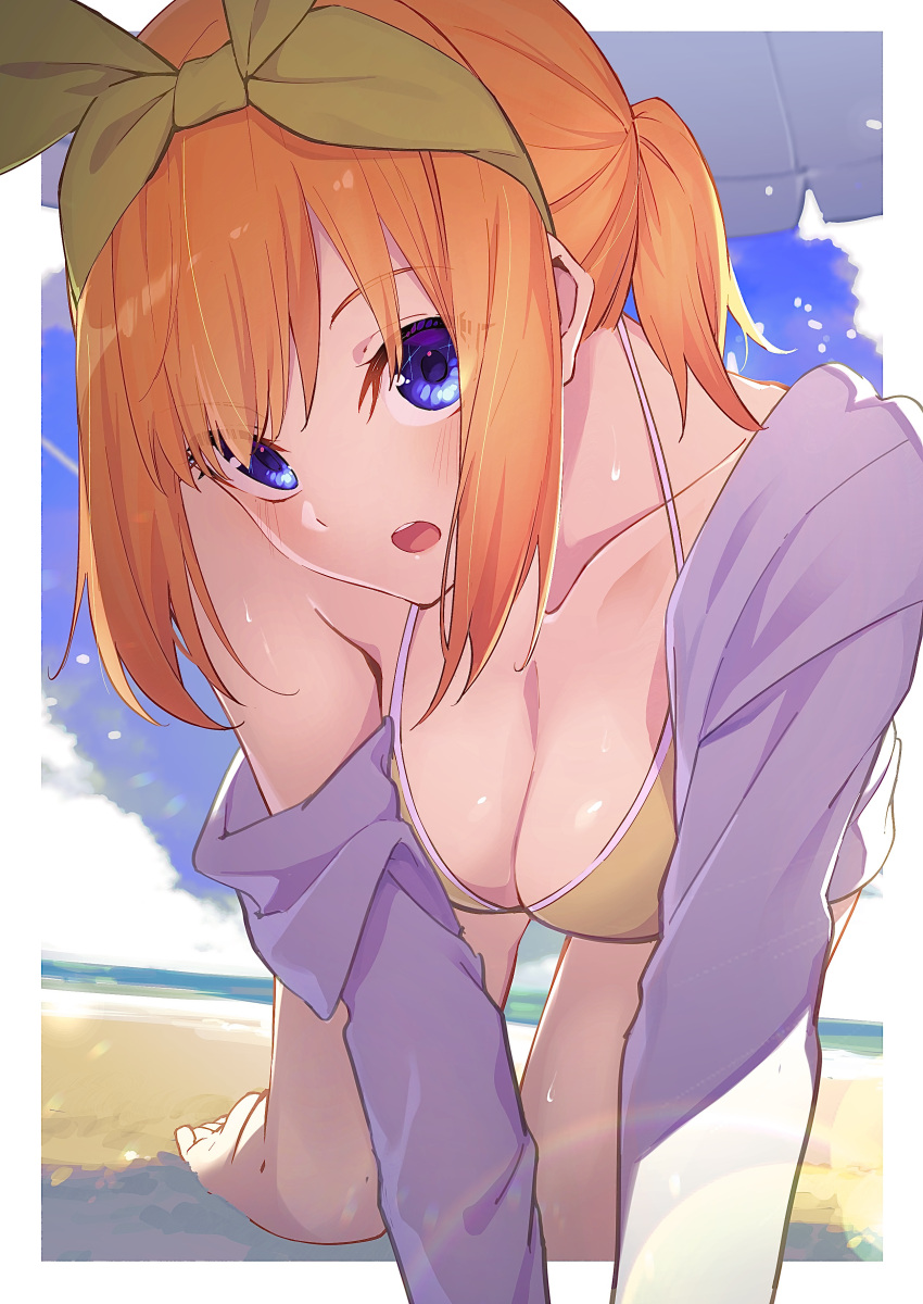 :o absurdres all_fours bare_legs barefoot beach beach_umbrella bikini blue_eyes blush breasts cleavage collarbone commentary_request female go-toubun_no_hanayome hairband head_tilt highres jacket looking_at_viewer medium_breasts nakano_yotsuba orange_hair outdoors purple_jacket sidelocks solo swimsuit tamago_sando umbrella yellow_bikini yellow_hairband