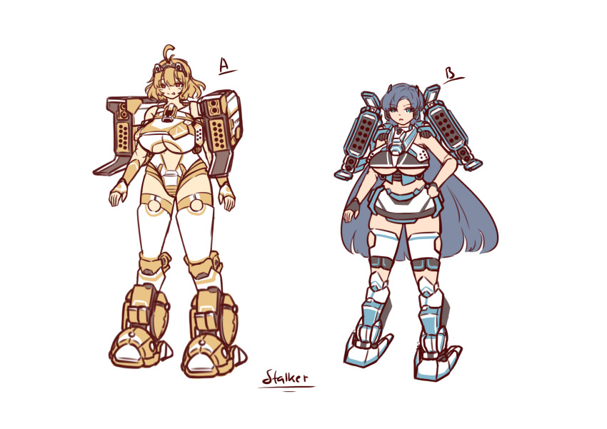 2024 2girls armored_female battlemech battletech big_breasts blonde_hair blue_eyes blue_hair concept_art female long_hair mech mecha mechagirl mechwarrior midriff red_eyes shikai_(artist) short_hair stalker_(battlemech) tagme underboob underboob_cutout