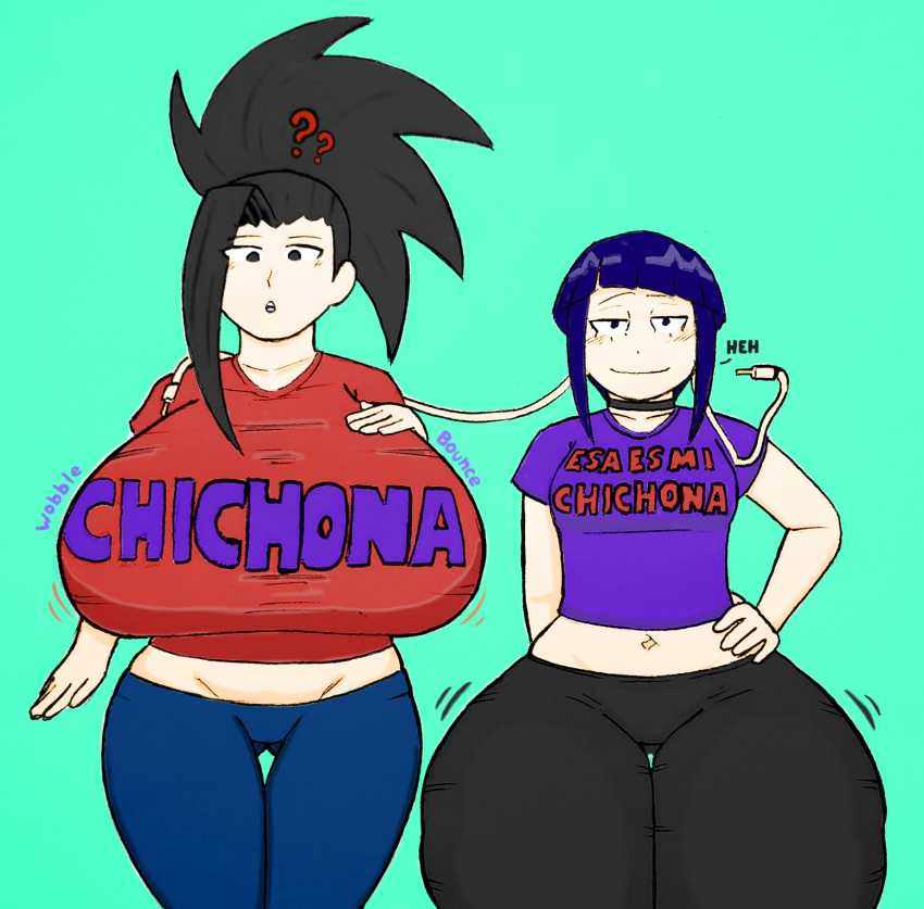 2girls ass_bigger_than_head ass_vs_breasts big_breasts bottom_heavy breasts_bigger_than_head female female_only huge_breasts kyoka_jiro large_breasts momo_yaoyorozu my_hero_academia ronic_lagann shirt small_breasts spanish_text thick_thighs top_heavy wide_hips yuri