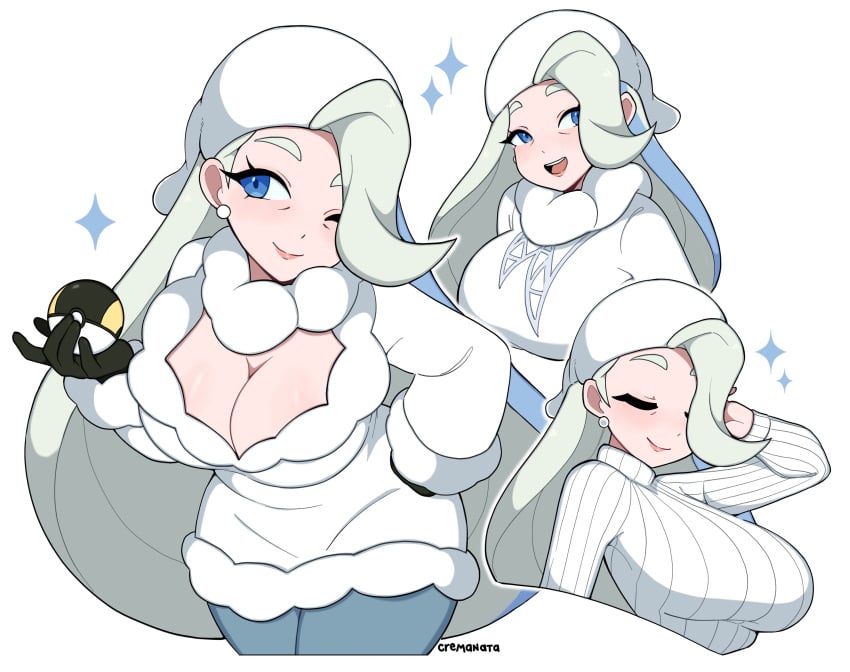 1girls artist_name black_gloves blue_eyes breasts cleavage closed_eyes creatures_(company) cremanata earrings female game_freak gloves hair_over_one_eye hand_on_own_hip hat highres holding holding_poke_ball jewelry large_breasts melony_(pokemon) multiple_views nintendo old_woman one_eye_closed open_mouth poke_ball pokemon pokemon_ss ribbed_sweater shirt simple_background sweater ultra_ball watermark white_background white_headwear white_shirt white_sweater