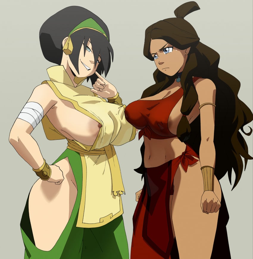 2girls aged_up alternate_costume areola_slip areolae armlet asymmetrical_docking avatar_legends avatar_the_last_airbender bandages bangs bare_shoulders big_breasts black_hair blind blue_eyes bracelet bracer braid braided_hair breast_on_breasts breast_size_difference breast_to_breast breasts breasts_against_breasts breasts_to_breasts brown_hair chocolate_and_vanilla cleavage clothing collar coolerinker crop_top dark-skinned_female dark_skin earth_kingdom female female_focus female_only fire_nation_clothing frown green_hairband grey_background grin hairband hand_on_hip headwear hip_vent hourglass_figure huge_breasts inker_comics inkershike jewelry katara large_breasts light-skinned_female light_skin long_hair looking_at_viewer medium_breasts midriff muffin_top multiple_girls navel nickelodeon nipple_slip nipples no_bra pants pubic_hair short_hair simple_background smile smirk smug standing sweatdrop tan_skin thick_thighs thighs tied_hair toned toph_bei_fong water_tribe wavy_hair wide_hips