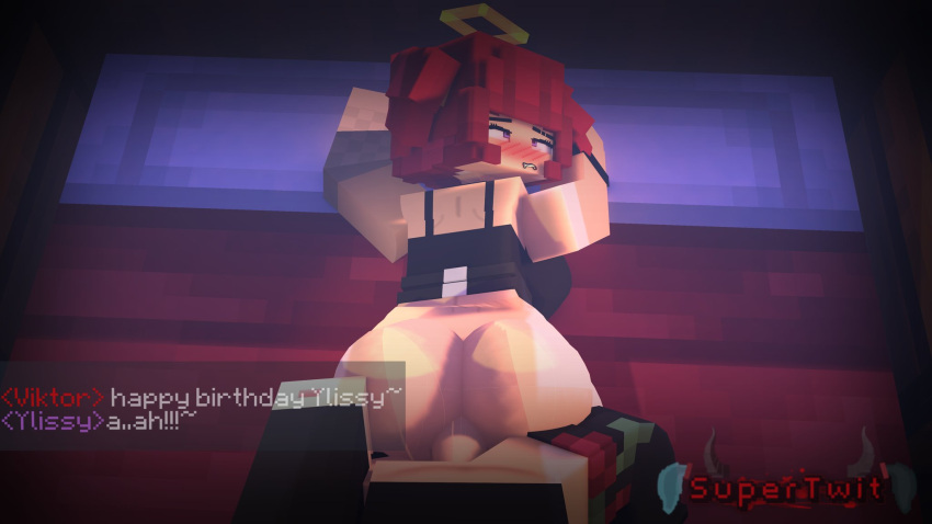 1boy 1girls 3d anal_sex anal_sex angel_girl angel_halo bedroom big_ass clothed_female clothed_male demon_boy from_behind horny_female humanoid_penis looking_at_partner looking_back mine-imator minecraft no_panties no_pants on_bed outside red_eyes red_hair supertwit tagme viktor_(supertwit) wet_pussy ylissy_(ylissymc)