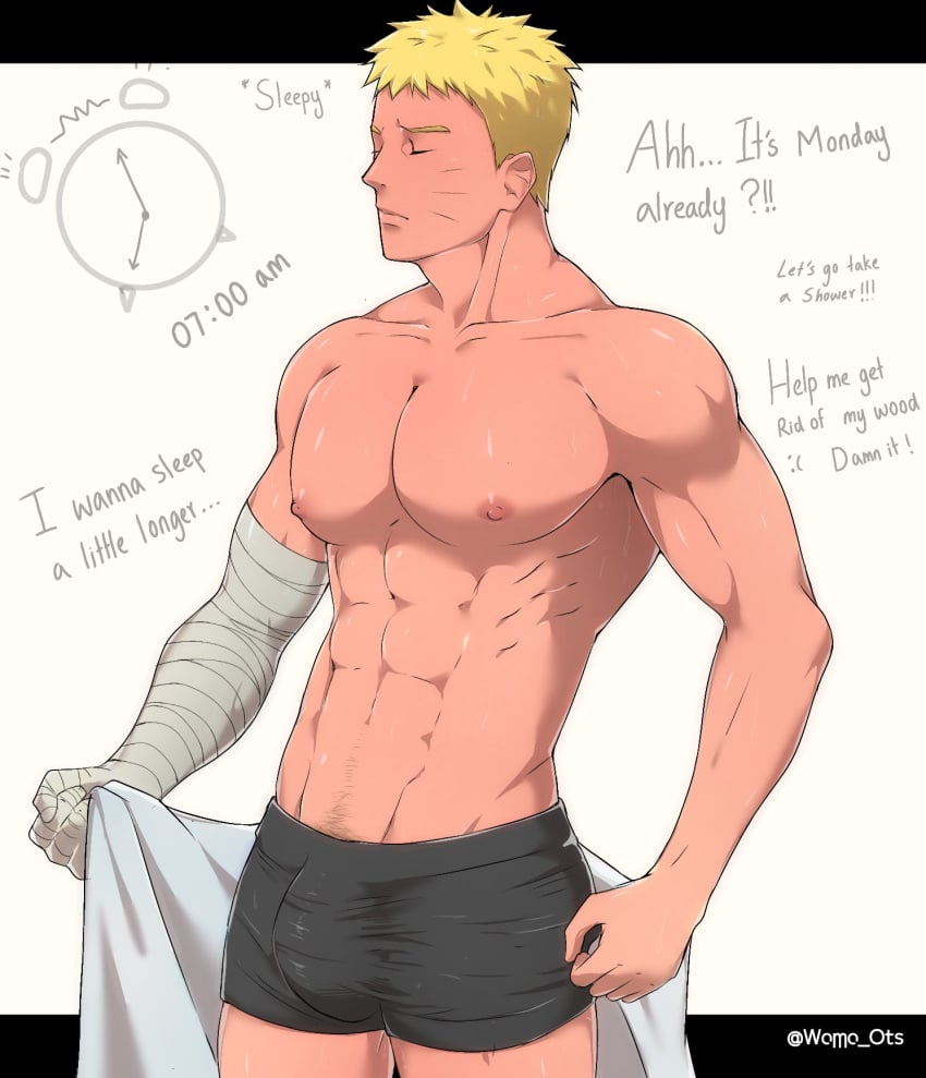 1boy abs bara bare_pectorals blonde_hair blue_eyes boxers_(clothing) gay male male_focus male_only naruto naruto_(series) naruto_shippuden nipples nude solo uzumaki_naruto womo_ots yaoi