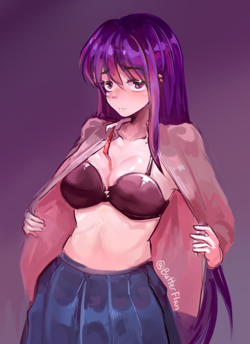 1female 1girls blue_skirt bra breasts butterflan01 cleavage doki_doki_literature_club long_hair purple_eyes purple_hair skirt yuri_(doki_doki_literature_club)