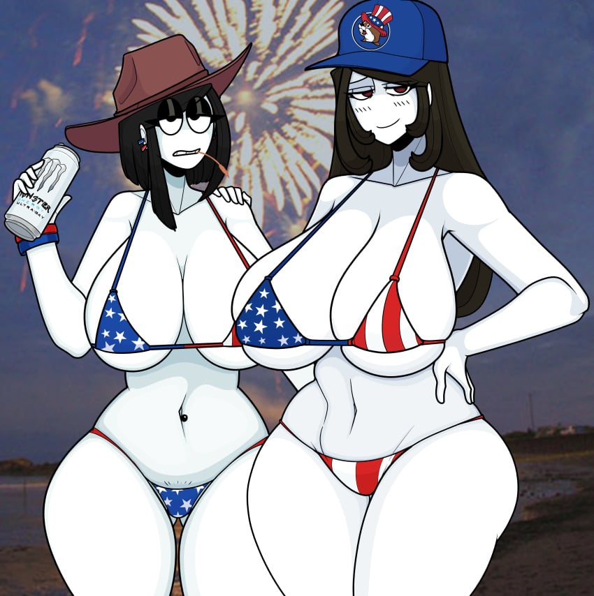 2girls 4th_of_july american_flag_bikini big_breasts bikini black_hair breasts brown_hair busty daughter ear_piercing earrings female female_only fireworks goth goth_girl hand_on_hip hat huge_breasts large_breasts milf monster_energy_can mother mother_and_daughter navel_piercing original piercing saltynoodles swimsuit thick_thighs veronica&#039;s_mother_(saltynoodles) veronica_(saltynoodles) white_skin wide_hips