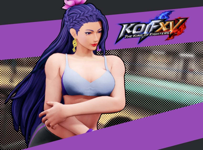 1girls athletic_female big_breasts braid busty earrings female fit_female flower flower_in_hair king_of_fighters light-skinned_female light_skin long_hair lotus luong_(kof) purple_eyes purple_hair tall tall_female tank_top thighs thin_waist tied_hair voluptuous_female yoga_pants