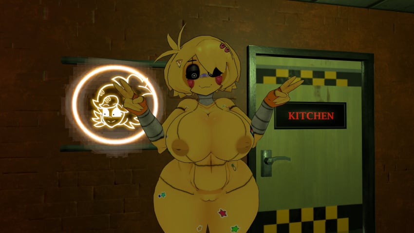 big_breasts chiku_(cryptia) female_only five_nights_at_freddy&#039;s fredina&#039;s_nightclub toy_chica_(fnaf) vrchat yellow_skin