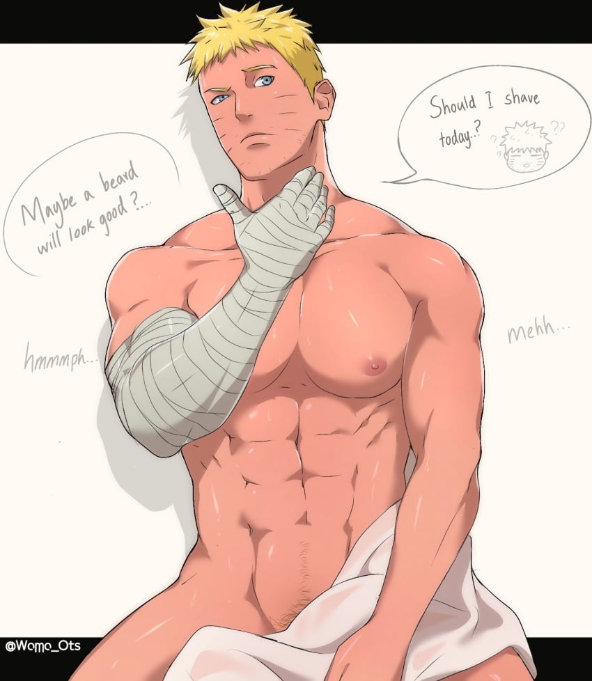 1boy abs bara bare_pectorals blonde_hair blue_eyes gay male male_focus male_only naruto naruto_(series) naruto_shippuden nipples nude solo towel uzumaki_naruto womo_ots yaoi