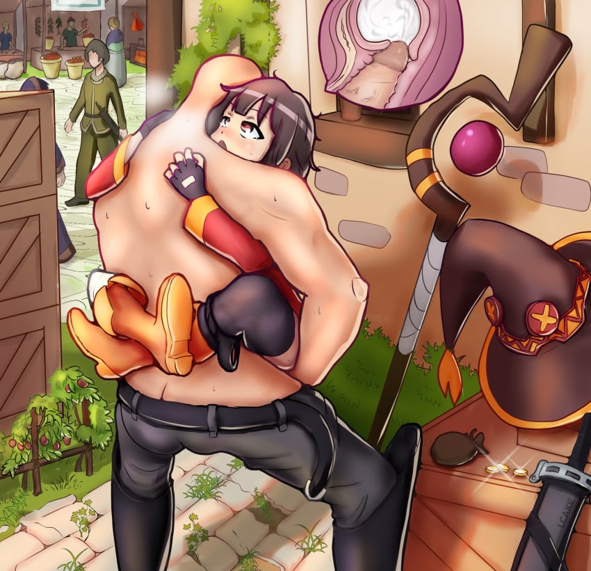 1boy 1girls artist_request backalley bag clinging coin cum cum_in_pussy cum_inside exhibitionism female heavy_breathing kono_subarashii_sekai_ni_shukufuku_wo! larger_male male megumin money outdoors prostitution public sex smaller_female source_request stand_and_carry_position stealth_sex torogao vaginal_penetration witch_hat