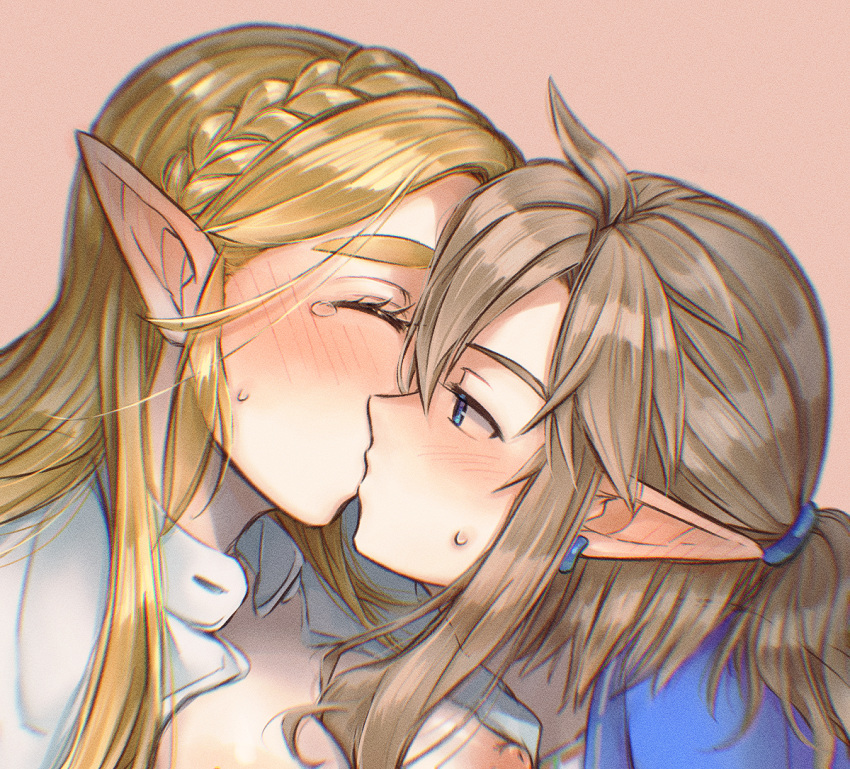 1boy 1boy1girl 1girls blonde_hair blue_eyes blue_shirt blush braided_hair breasts breath_of_the_wild clothed_male_nude_female color depth_of_field ear_blush earrings elf_ears full-face_blush kissing link link_(breath_of_the_wild) link_(tears_of_the_kingdom) looking_at_partner looking_pleasured mori_lz nipples open_shirt pointy_ears ponytail princess_zelda romantic straight sweat tears tears_of_pleasure tears_of_the_kingdom the_legend_of_zelda tied_hair unbuttoned unbuttoned_shirt white_shirt zelda_(breath_of_the_wild)