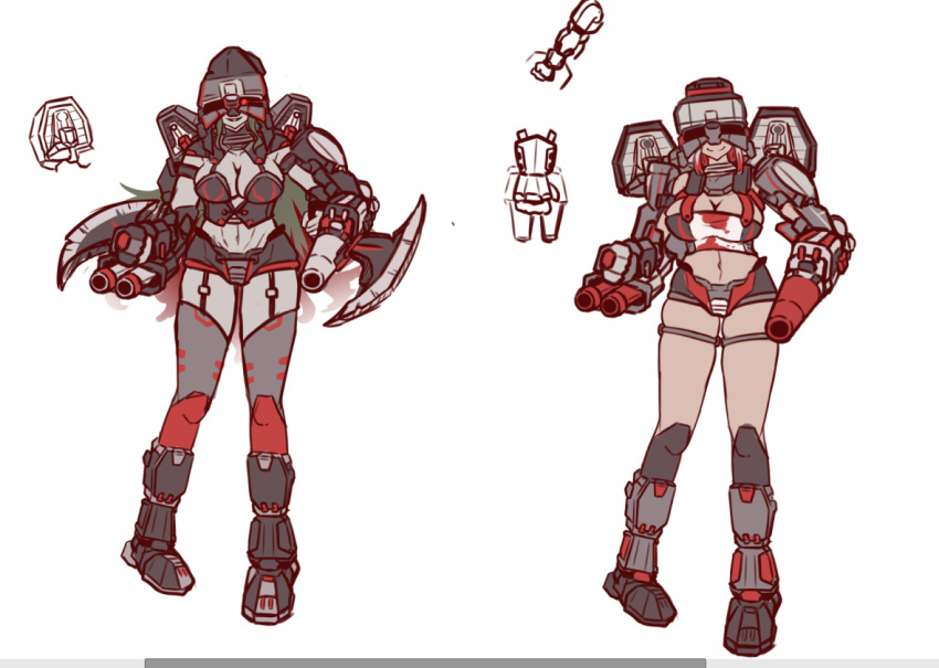 2024 2girls armored_female battlemech battletech bellybutton big_breasts blades clan_(battletech) concept_art cyborg executioner_(battlemech) female garter_straps gun_arm hood mech mecha mechagirl mechwarrior midriff navel pale_skinned_female shikai_(artist) short_shorts skindentation thigh_highs