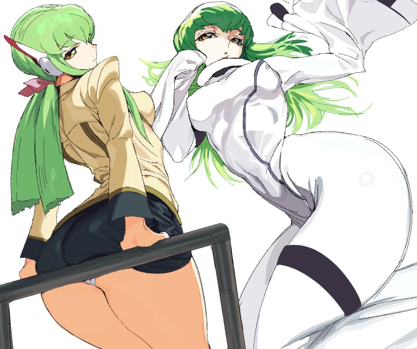 ass big_breasts bodysuit c.c. code_geass female green_hair green_skin long_hair nipple_bulge panties school_uniform white_background white_bodysuit whoopsatro