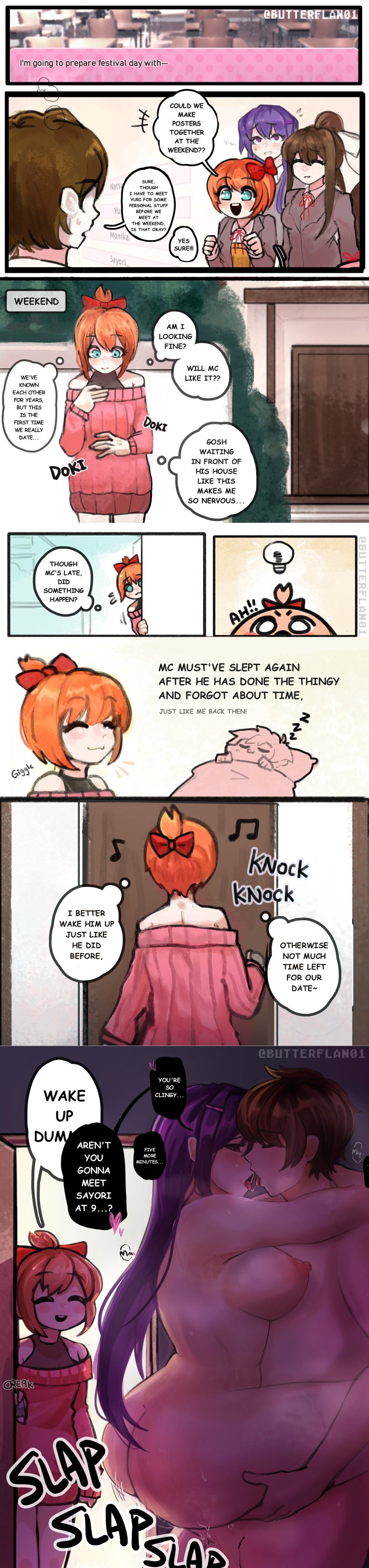 artist_name ass blue_eyes both_eyes_closed bow breasts brown_hair butt butterflan01 cheating_boyfriend closed_eyes comic commission commission_art cuckquean doki_doki_literature_club english_text eyes_closed hair_bow hairbow knocking knocking_on_door long_hair mc_(doki_doki_literature_club!) monika_(doki_doki_literature_club) netorare nipples ntr onomatopoeia purple_eyes purple_hair red_bow red_hair_bow red_hairbow sayori_(doki_doki_literature_club) slap_(sound_effect) sleeping speech_bubble strawberry_blonde_hair text text_bubble thought_bubble thought_bubbles twitter_username yuri_(doki_doki_literature_club) zzz