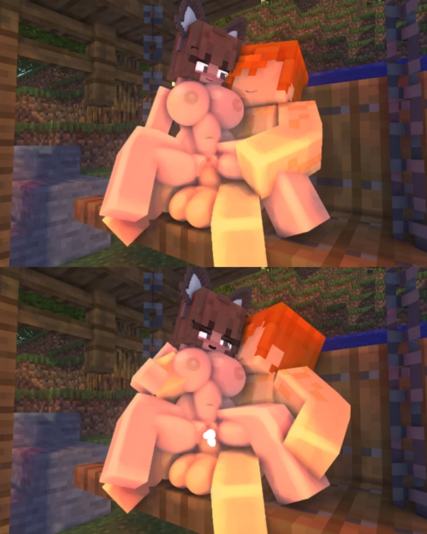 1boy 1girls 3d breasts brown_eyes brown_hair cat_ears cat_humanoid cat_tail catgirl comic cum cum_in_pussy cum_inside erect_nipples female horny_female kaneefox lola_(kaneefox) male masturbation mine-imator minecraft nude_female nude_male outside riding spread_legs tagme vaginal_penetration wet_pussy