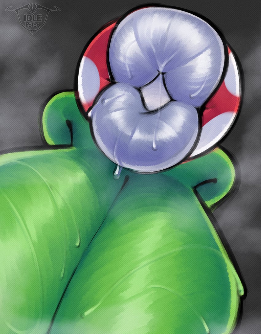 big_breasts big_lips big_lips_no_eyes green_skin huge_breasts huge_lips idlepotoo kissing mario_(series) monster_girl no_eyes piranha_plant plant simple_background steam sweat tagme