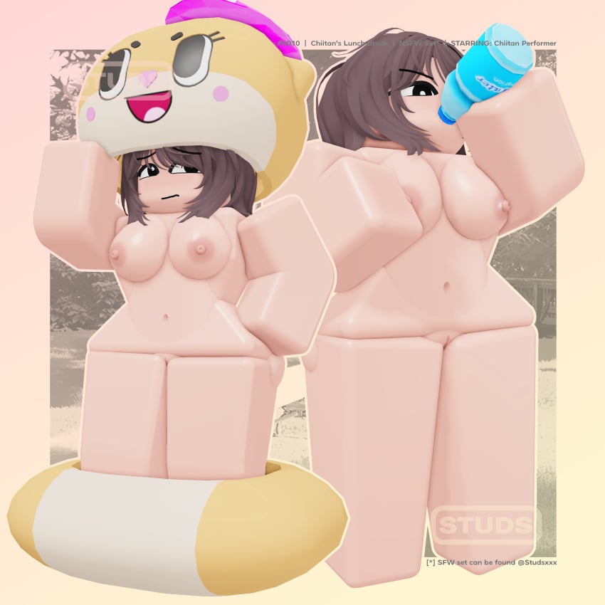 2girls 3d artist_name big_ass big_breasts big_thighs brown_hair chiitan costume darby_lockhart dingotoad eyeshadow female hd mascot nsfw original_character posing posing_for_the_viewer poster roblox robloxian smile studsxxx sweat twitter_username watermark