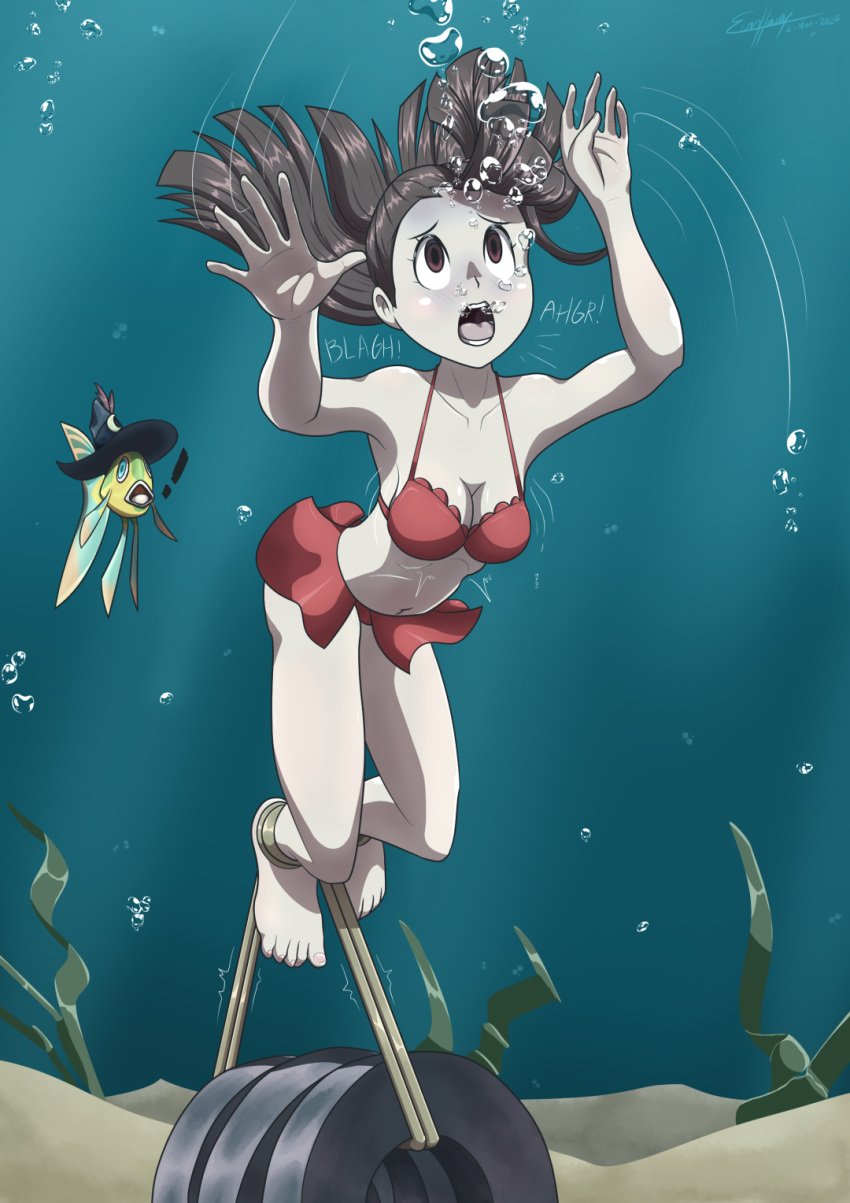 ! 2girls air_bubbles akko_kagari alternate_species ankles_tied asphyxiation barefoot bikini bondage breasts bubbles cleavage drowning evan_harrey feet female female_only fish human little_witch_academia marine medium_breasts navel ocean panicking peril red_bikini red_swimsuit sea sucy_manbavaran swimsuit tied_legs underwater water witch witch_hat
