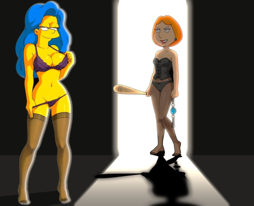 20th_century_fox 20th_century_studios 2girls ai_generated ball_gag baseball_bat before_sex big_breasts blue_hair bra bryan3 corset crossover family_guy female fuzzy_door_productions hair_blue human lois_griffin marge_simpson milf panties stockings the_simpsons thong