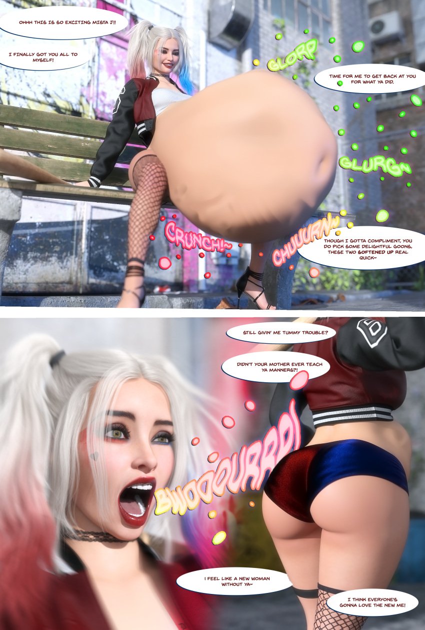 1girls 3d ass ass_expansion ass_growth batman_(series) belly big_ass big_belly blonde_hair burp burping dc dc_comics dialogue diskdata female female_pred harley_quinn huge_belly post_vore post_vore_weight_gain same_size_vore text thick_thighs vore