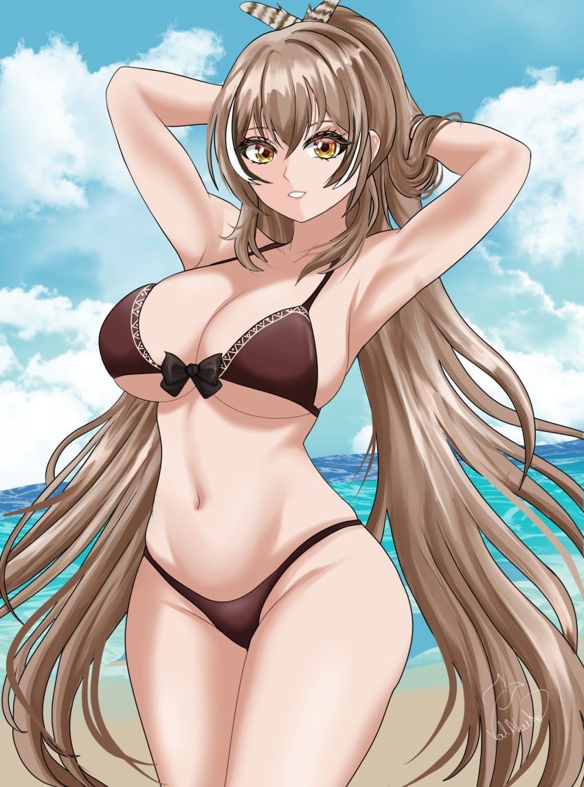 1girls 2d 2d_(artwork) alternate_costume arms_behind_head beach belly_button big_breasts bikini bikini_bottom bikini_top bra brown_bikini brown_bikini_bottom brown_bikini_top brown_hair brown_swimsuit clouds day female female_focus female_only front_view high_resolution highres hololive hololive_english hourglass_figure light-skinned_female light_skin long_hair nanashi_mumei navel ocean outdoors revealing_swimsuit sexy sky slim_girl smiling smiling_at_viewer solo solo_female solo_focus standing summer swimsuit thong thong_bikini two_piece_swimsuit valneeko very_long_hair virtual_youtuber vtuber vtuberfanart water young younger_female