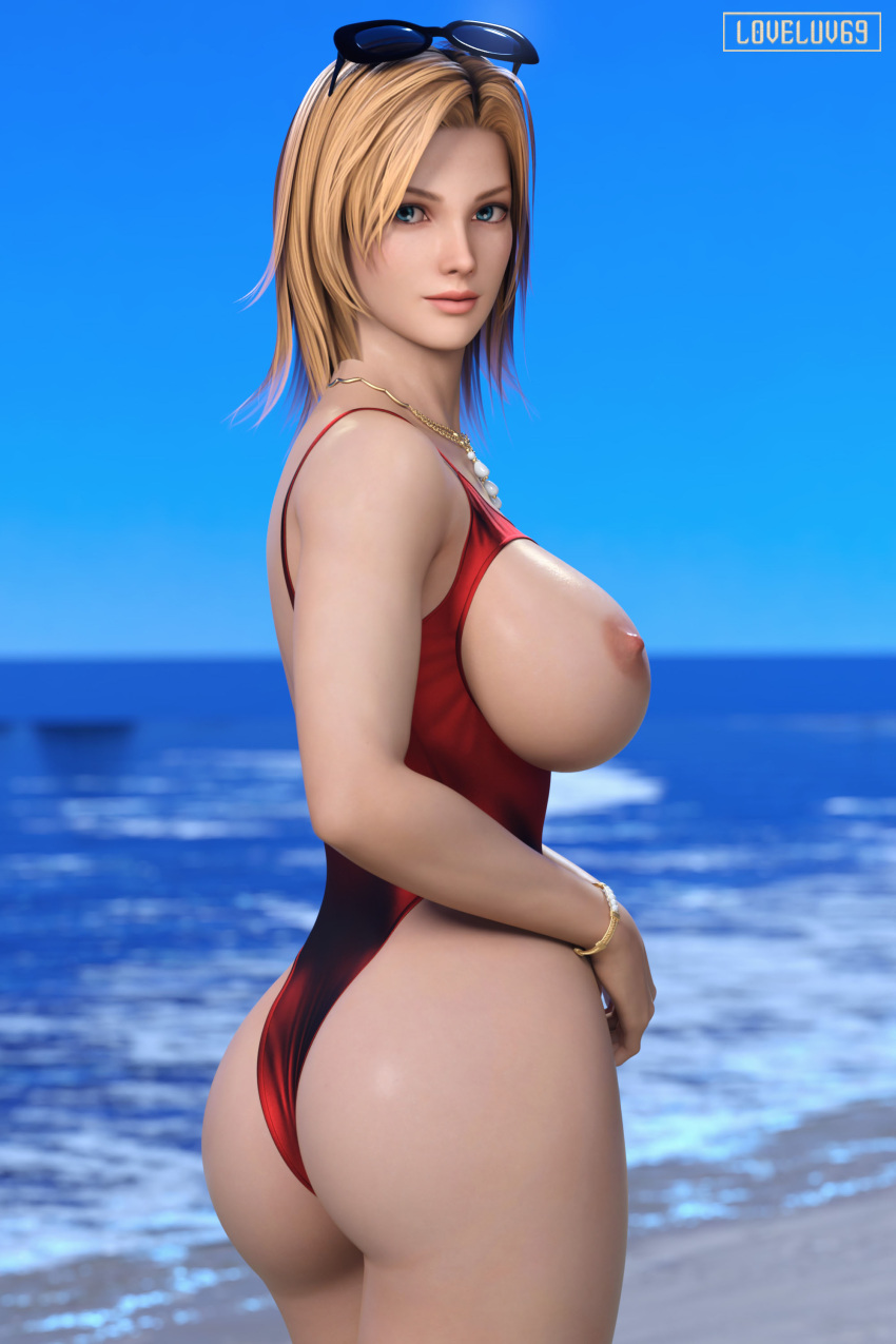 1girls 3d ass athletic athletic_female beach big_breasts blonde_hair blue_eyes breast_cutout breasts breasts_out busty dead_or_alive female female_focus female_only hi_res hourglass_figure human large_breasts light-skinned_female long_hair looking_at_viewer loveluv69 nipples one-piece_swimsuit standing sunglasses_on_head swimsuit tagme tina_armstrong wide_hips