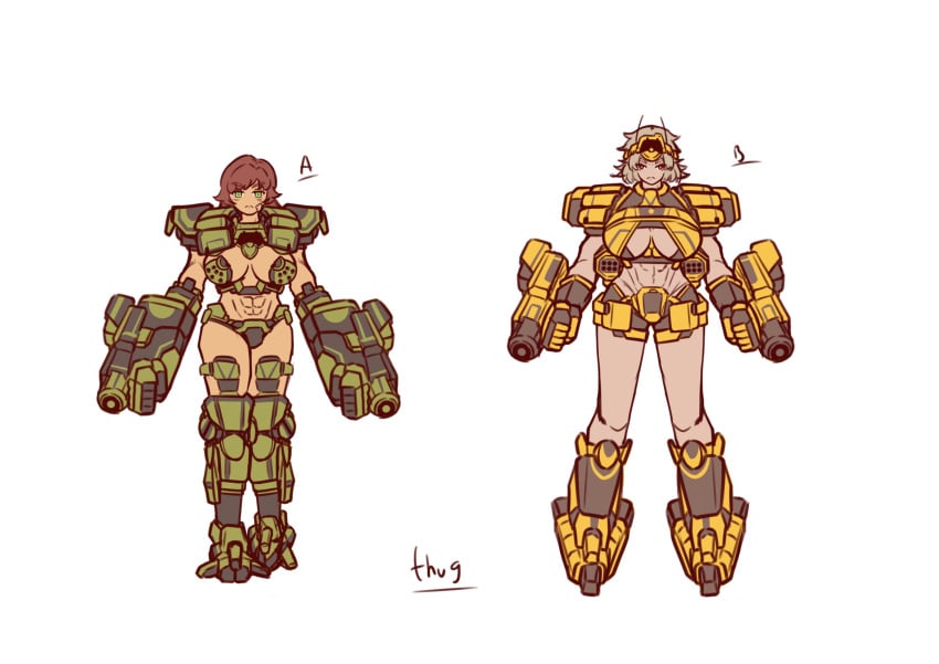 2024 2girls abs armored_bikini armored_female bandage_on_face battlemech battletech big_breasts concept_art female green_eyes mech mecha mechagirl mechwarrior red_eyes shikai_(artist) tagme tagme_(artist) thug_(battlemech) tomboy