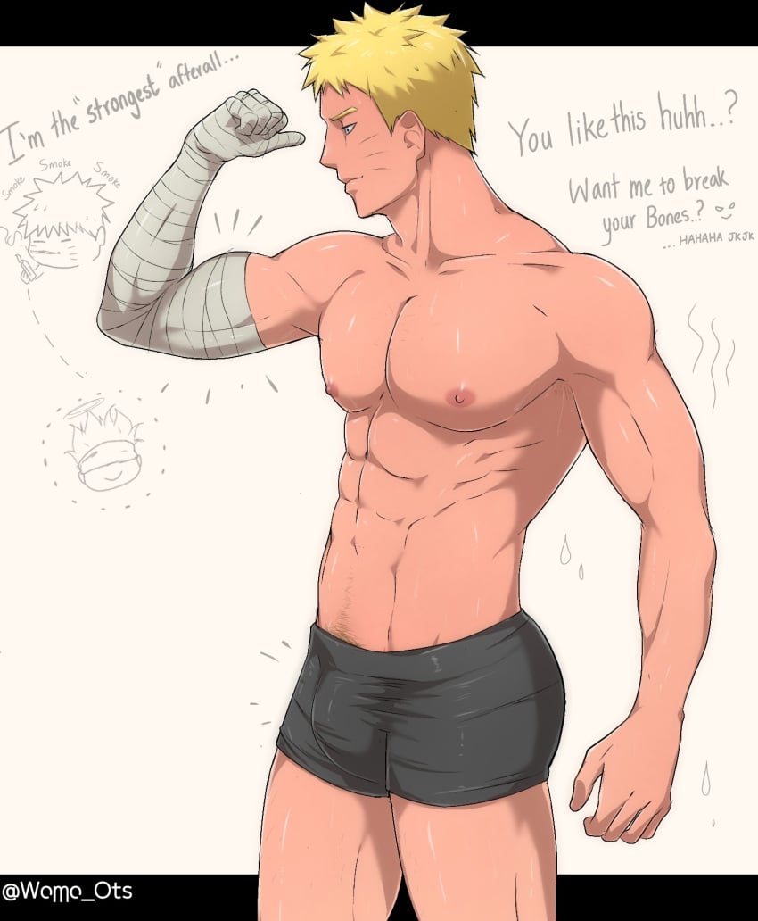 1boy abs bara bare_pectorals blonde_hair blue_eyes boxers_(clothing) gay male male_focus male_only naruto naruto_(series) naruto_shippuden nipples nude solo uzumaki_naruto womo_ots yaoi