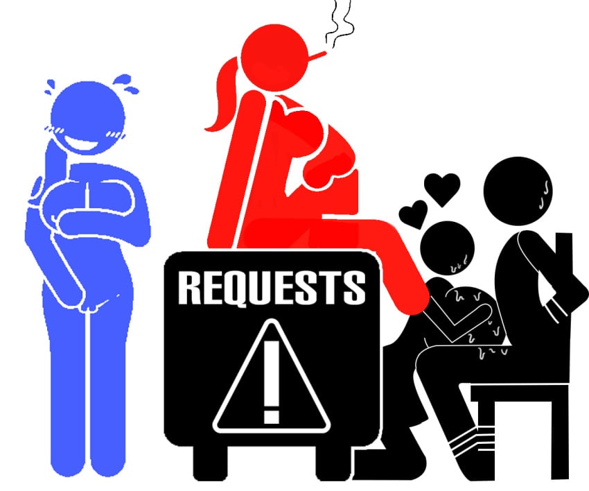 1boy 3girls 4chan big_breasts blue_body bondage chair cigarette cigarette_in_mouth edit edited femdom implied_rape large_breasts n1_1ck paizuri red_body rossana_(n1_1ck) smoking smoking_cigarette stick_figure stickfigure stickman stickwoman tied_to_chair tied_up warning warning_sign_person white_background