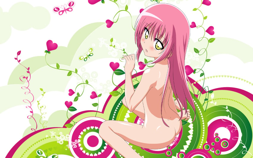 ass back blush circle cloud clouds female female green_eyes hayate_no_gotoku! heart highres katsura_hinagiku legs long_hair nude nude_filter open_mouth over_shoulder photoshop pink_hair plant solo thighs wallpaper