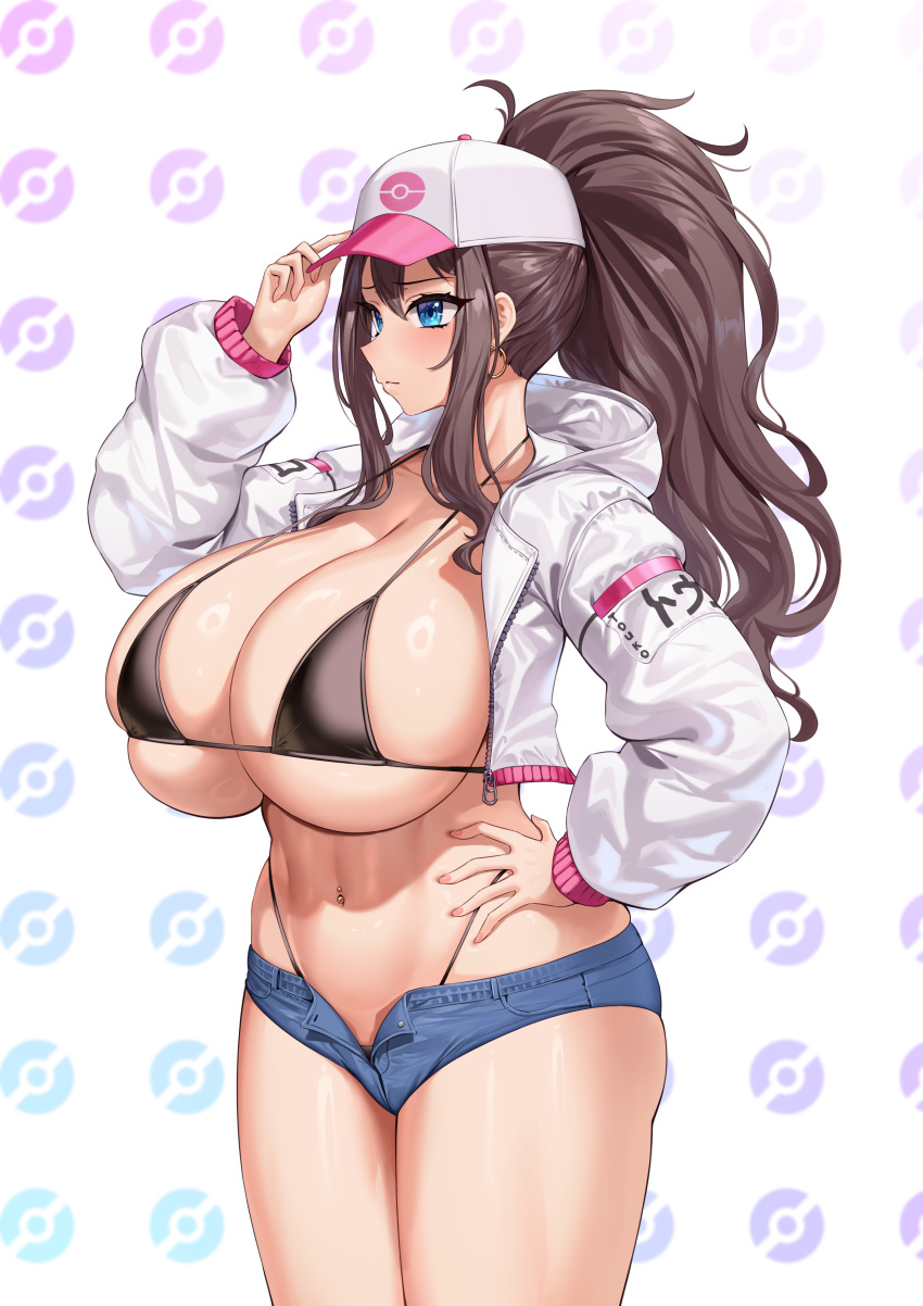 1girls aged_up alternate_breast_size bikini bikini_top blue_eyes blush booty_shorts breasts brown_hair female hat hi_res hilda_(pokemon) huge_breasts jacket jingb_dx light-skinned_female light_skin long_hair naughty_face nintendo pokemon pokemon_bw short_shorts shorts thick_thighs thong_straps