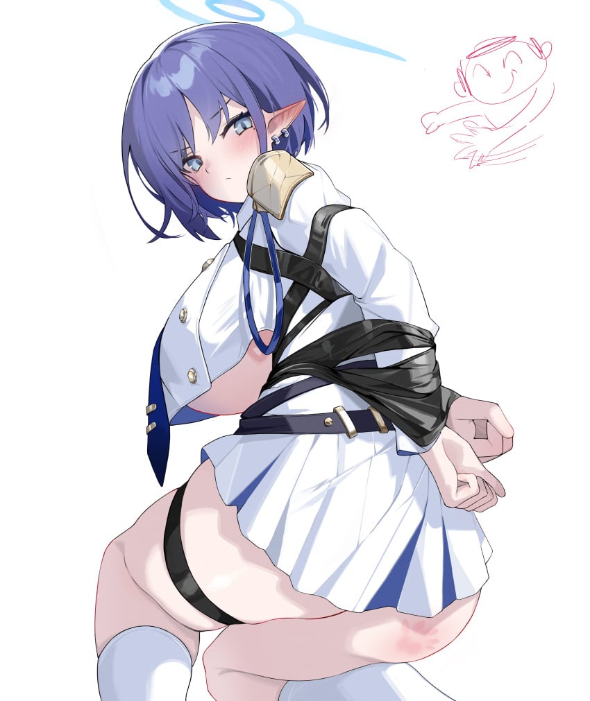 annoyed aoi_(blue_archive) arms_behind_back arms_tied_behind_back ass_visible_under_skirt belt blue_archive blue_eyes blue_halo blush bondage bound closed_mouth doodle_sensei_(blue_archive) earclip epaulettes female femsub huge_breasts looking_at_viewer looking_back pleated_skirt pointy_ears purple_hair restrained restrained_arms restrained_wrists sensei_(blue_archive) short_hair skirt socks spank_marks spanked_butt suit taped_arms thigh_strap tie tied_hands tied_up underboob white_skirt white_socks youik16