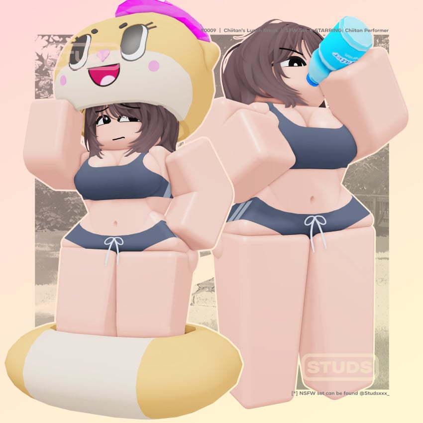 2girls 3d artist_name big_ass big_breasts big_thighs brown_hair chiitan costume darby_lockhart dingotoad eyeshadow female hd mascot original_character posing posing_for_the_viewer poster roblox robloxian sfw smile sports_bra sportswear studsxxx sweat twitter_username watermark