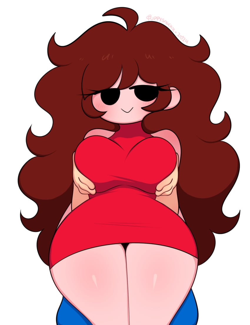 1boy 1girls big_breasts big_butt big_thighs boyfriend_(friday_night_funkin) brown_hair female friday_night_funkin girlfriend_(friday_night_funkin) happy holding_breasts ilovefuud male puppysnackz red_dress sillysmugz thick_thighs